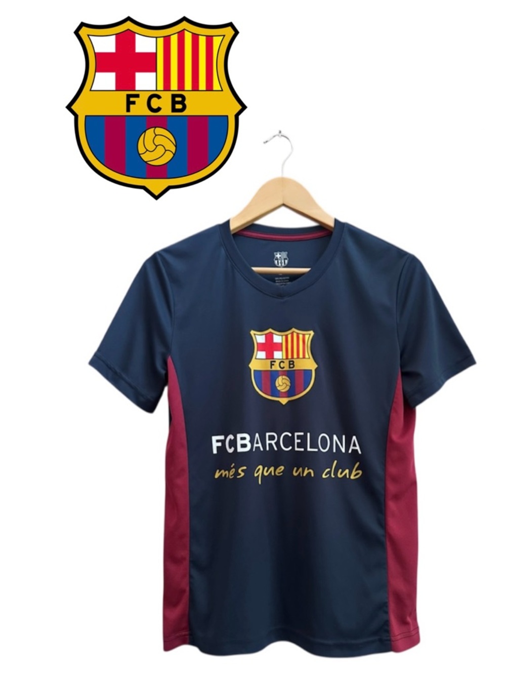 FC BARCELONA Navy Short Sleeve Shirt Barca Crest Soccer Football Boy Girl XL